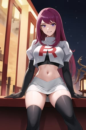 Team Rocket, cropped jacket, white jacket, crop top, jacket, gloves, black gloves, elbow gloves, navel, midriff, white skirt, miniskirt, skirt, black thighhigh boots,military_uniform,looking down at viewer, china, asiática, city, night, sky, (intricately detailed, hyperdetailed), blurry background,depth of field, best quality, masterpiece, intricate details, tonemapping, sharp focus, hyper detailed, trending on Artstation,1 girl, high res, official art,evil smile,crossed_legs_(sitting),IVY FE,purple_eyes,purple_hair