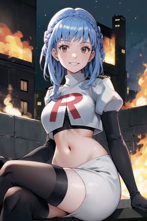 Team Rocket, cropped jacket, white jacket, crop top, jacket, gloves, black gloves, elbow gloves, navel, midriff, white skirt, miniskirt, skirt, black thighhigh boots,military_uniform,looking at viewer, city, night, sky, (intricately detailed, hyperdetailed), burning building background,depth of field, best quality, masterpiece, intricate details, tonemapping, sharp focus, hyper detailed, trending on Artstation,1 girl, high res, official art,evil smile,crossed_legs_(sitting),marianneuniform, crown braid,blue_hair,brown_eyes