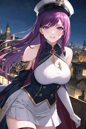 elbow gloves, white skirt, miniskirt, skirt, black thighhigh boots,white_military_uniform,white_military_hat,long white elbow gloves,sleeveless ,no_sleeves,shoulder_cape,looking at viewer, city, night, sky, (intricately detailed, hyperdetailed), frozen building background,depth of field, best quality, masterpiece, intricate details, tonemapping, sharp focus, hyper detailed, trending on Artstation,1 girl, high res, official art,evil smile,purple_eyes,IVY FE,purple-hair