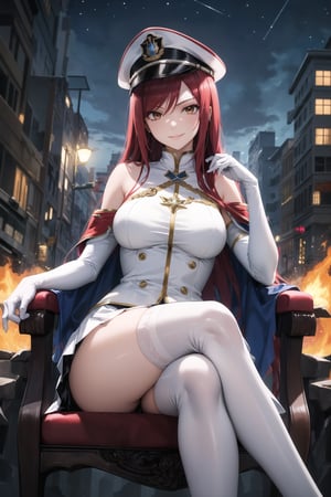 elbow gloves, white skirt, miniskirt, skirt, white_thighhigh_boots,military_uniform,military_hat,white_elbow_gloves,sleeveless ,no_sleeves,shoulder_cape,looking at viewer, city, night, sky, (intricately detailed, hyperdetailed), burning building background,depth of field, best quality, masterpiece, intricate details, tonemapping, sharp focus, hyper detailed, trending on Artstation,1 girl, high res, official art,evil smile,sitting_down,crossed_legs_(sitting),sitting_on_chair, jewelry,FAIRYTAIL_ERZA,red_hair,brown_eyes