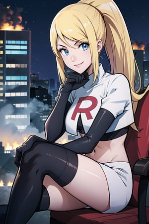 Team Rocket, cropped jacket, white jacket, crop top, jacket, gloves, black gloves, elbow gloves, navel, midriff, white skirt, miniskirt, skirt, black thighhigh boots,military_uniform,looking at viewer, city, night, sky, (intricately detailed, hyperdetailed), burning building background,depth of field, best quality, masterpiece, intricate details, tonemapping, sharp focus, hyper detailed, trending on Artstation,1 girl, high res, official art,evil smile,sitting_down,crossed_legs_(sitting),samus aran,ponytail, hair tie,blond_hair,blue_eyes