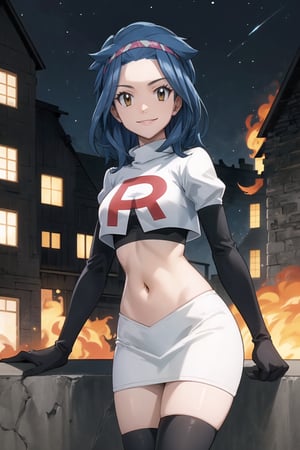 Team Rocket, cropped jacket, white jacket, crop top, jacket, gloves, black gloves, elbow gloves, navel, midriff, white skirt, miniskirt, skirt, black thighhigh boots,military_uniform,looking at viewer, city, night, sky, (intricately detailed, hyperdetailed), burning building background,depth of field, best quality, masterpiece, intricate details, tonemapping, sharp focus, hyper detailed, trending on Artstation,1 girl, high res, official art,evil smile,Levy McGarden,blue_hair,brown_eyes