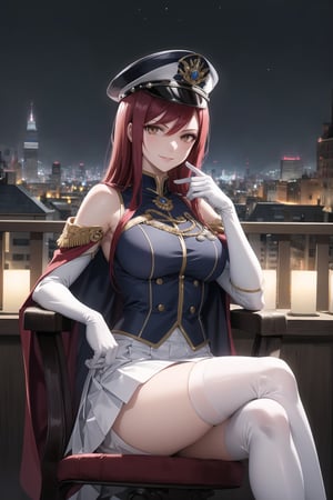 elbow gloves, white skirt, miniskirt, skirt, white_thighhigh_boots,military_uniform,military_hat,white_elbow_gloves,sleeveless ,no_sleeves,shoulder_cape,looking at viewer, city, night, sky, (intricately detailed, hyperdetailed), burning building background,depth of field, best quality, masterpiece, intricate details, tonemapping, sharp focus, hyper detailed, trending on Artstation,1 girl, high res, official art,evil smile,sitting_down,crossed_legs_(sitting),sitting_on_chair, jewelry,FAIRYTAIL_ERZA,red_hair,brown_eyes