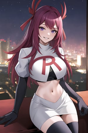 Team Rocket, cropped jacket, white jacket, crop top, jacket, gloves, black gloves, elbow gloves, navel, midriff, white skirt, miniskirt, skirt, black thighhighs,military_uniform,looking down at viewer, china, asiática, city, night, sky, (intricately detailed, hyperdetailed), blurry background,depth of field, best quality, masterpiece, intricate details, tonemapping, sharp focus, hyper detailed, trending on Artstation,1 girl, high res, official art,evil smile,crossed_legs_(sitting),IVY FE,purple_eyes,purple_hair