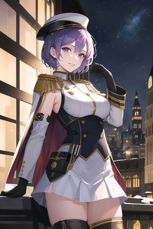 elbow gloves, white skirt, miniskirt, skirt, black thighhigh boots,white_gloves,white_military_uniform,white_military_hat,long white elbow gloves,sleeveless ,no_sleeves,shoulder_cape,looking at viewer, city, night, sky, (intricately detailed, hyperdetailed), frozen building background,depth of field, best quality, masterpiece, intricate details, tonemapping, sharp focus, hyper detailed, trending on Artstation,1 girl, high res, official art,evil smile,grey_eyes,purple-hair,defBernie,short_hair