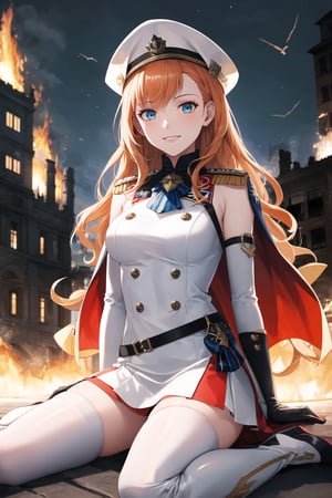 elbow gloves, white skirt, miniskirt, skirt, white_thighhigh_boots,military_uniform,military_hat,long white elbow gloves,sleeveless ,no_sleeves,shoulder_cape,looking at viewer, city, night, sky, (intricately detailed, hyperdetailed), burning building background,depth of field, best quality, masterpiece, intricate details, tonemapping, sharp focus, hyper detailed, trending on Artstation,1 girl, high res, official art,evil smile,crossed_legs_(sitting),light_blue_eyes,warAnne, long hair, wavy hair,orange_hair