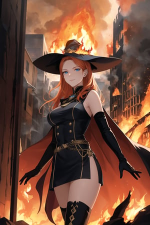 In the midst of a cityscape at night, a lone figure stands out against a backdrop of flames engulfing a burning building. The subject, an evil sorceress, dons white military attire, complete with a hat and long elbow gloves, her orange hair ablaze like the inferno behind her. Her blue eyes gleam with malevolence as she gazes directly at the viewer, her sleeveless shoulders capped by a flowing cape. She wears a miniskirt over black thigh-high boots, an incongruous juxtaposition of innocence and menace. The scene is bathed in a warm, orange-hued light, with intricate details like smoke billowing from the burning building and subtle texture on the sorceress's gloves. The focus is sharp, with a shallow depth of field drawing attention to the subject's evil smile and piercing eyes. This hyper-detailed masterpiece would surely be trending on Artstation, with its high resolution and official art quality making it a standout piece.