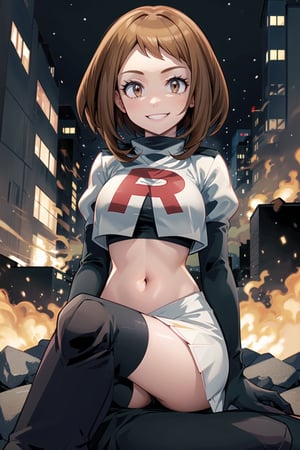 Team Rocket, cropped jacket, white jacket, crop top, jacket, gloves, black gloves, elbow gloves, navel, midriff, white skirt, miniskirt, skirt, black thighhigh boots,military_uniform,looking at viewer, city, night, sky, (intricately detailed, hyperdetailed), burning building background,depth of field, best quality, masterpiece, intricate details, tonemapping, sharp focus, hyper detailed, trending on Artstation,1 girl, high res, official art,evil smile,crossed_legs_(sitting),hmochako, short hair,brown_hair,brown_eyes