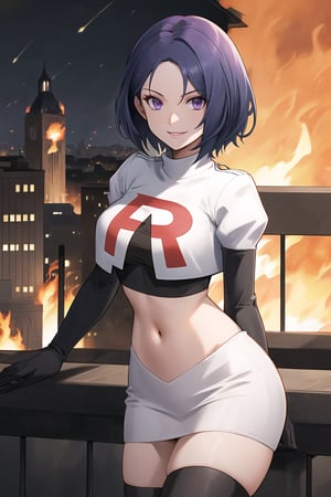 Team Rocket, cropped jacket, white jacket, crop top, jacket, gloves, black gloves, elbow gloves, navel, midriff, white skirt, miniskirt, skirt, black thighhigh boots,military_uniform,looking at viewer, city, night, sky, (intricately detailed, hyperdetailed), burning building background,depth of field, best quality, masterpiece, intricate details, tonemapping, sharp focus, hyper detailed, trending on Artstation,1 girl, high res, official art,evil smile,defShamir, purple_eyes,short_hair