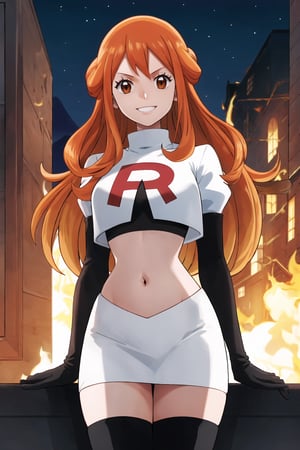 Team Rocket, cropped jacket, white jacket, crop top, jacket, gloves, black gloves, elbow gloves, navel, midriff, white skirt, miniskirt, skirt, black thighhigh boots,military_uniform,looking at viewer, city, night, sky, (intricately detailed, hyperdetailed), burning building background,depth of field, best quality, masterpiece, intricate details, tonemapping, sharp focus, hyper detailed, trending on Artstation,1 girl, high res, official art,evil smile,namipostn,orange_hair,brown_eyes,long_hair