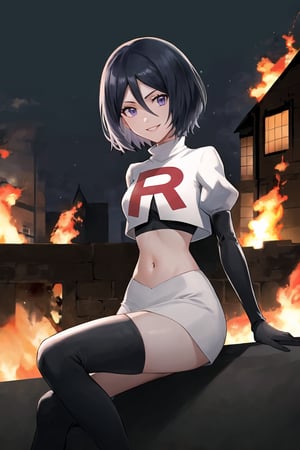 Team Rocket, cropped jacket, white jacket, crop top, jacket, gloves, black gloves, elbow gloves, navel, midriff, white skirt, miniskirt, skirt, black thighhigh boots,military_uniform,looking at viewer, city, night, sky, (intricately detailed, hyperdetailed), burning building background,depth of field, best quality, masterpiece, intricate details, tonemapping, sharp focus, hyper detailed, trending on Artstation,1 girl, high res, official art,evil smile,crossed_legs_(sitting),Rukia, black hair, short hair, hair between eyes, purple eyes