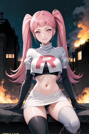 Team Rocket, cropped jacket, white jacket, crop top, jacket, gloves, black gloves, elbow gloves, navel, midriff, white skirt, miniskirt, skirt, black thighhigh boots,military_uniform,white_military_hat,looking at viewer, city, night, sky, (intricately detailed, hyperdetailed), burning building background,depth of field, best quality, masterpiece, intricate details, tonemapping, sharp focus, hyper detailed, trending on Artstation,1 girl, high res, official art,evil smile,crossed_legs_(sitting),hilda_valentine_goneril, pink hair, long hair, pink eyes, twintails, jewelry 