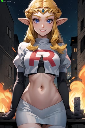 Team Rocket, cropped jacket, white jacket, crop top, jacket, gloves, black gloves, elbow gloves, navel, midriff, white skirt, miniskirt, skirt, black thighhigh boots,military_uniform,looking at viewer, city, night, sky, (intricately detailed, hyperdetailed), burning building background,depth of field, best quality, masterpiece, intricate details, tonemapping, sharp focus, hyper detailed, trending on Artstation,1 girl, high res, official art,evil smile,Ocarina of Time Zelda,blond_hair