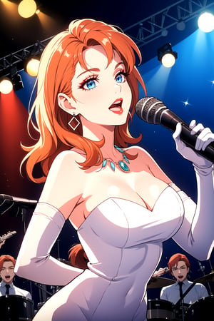 best quality,4k,8k,highres,masterpiece:1.2),ultra-detailed,(realistic,photorealistic,photo-realistic:1.37), vibrant colors, stage spotlight, vintage microphone, elegant hair, graceful pose, dynamic atmosphere, stylish interior, classic jazz era vibes, captivating performance, soulful expression, animated jazz band, rhythmic music, passionate singing, microphone stand, energetic crowd, glamorous ambiance, seamless visual composition, enchanting red lighting, annette_war, in a white dress, blue eyes, orange hair, long hair, long white elbow gloves, wearing red lipstick, wearing light purple eye shadow, wearing makeup,blue_earrings,necklace ,holding old 1920s microphone, jazz club background, singing,