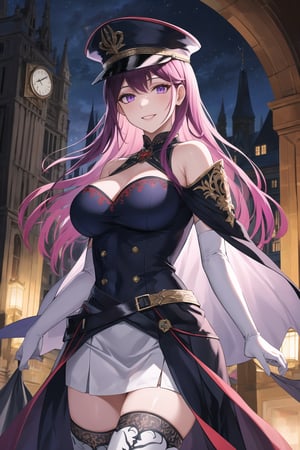 elbow gloves, white skirt, miniskirt, skirt, black thighhigh boots,white_military_uniform,white_military_hat,long white elbow gloves,sleeveless ,no_sleeves,shoulder_cape,looking at viewer, city, night, sky, (intricately detailed, hyperdetailed), frozen building background,depth of field, best quality, masterpiece, intricate details, tonemapping, sharp focus, hyper detailed, trending on Artstation,1 girl, high res, official art,evil smile,purple_eyes,IVY FE,purple-hair