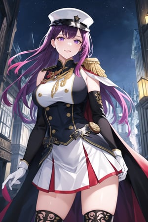 elbow gloves, white skirt, miniskirt, skirt, black thighhigh boots,white_gloves,white_military_uniform,white_military_hat,long white elbow gloves,sleeveless ,no_sleeves,shoulder_cape,looking at viewer, city, night, sky, (intricately detailed, hyperdetailed), frozen building background,depth of field, best quality, masterpiece, intricate details, tonemapping, sharp focus, hyper detailed, trending on Artstation,1 girl, high res, official art,evil smile,purple_eyes,IVY FE,purple-hair