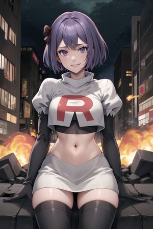 Team Rocket, cropped jacket, white jacket, crop top, jacket, gloves, black gloves, elbow gloves, navel, midriff, white skirt, miniskirt, skirt, black thighhigh boots,looking at viewer, city, night, sky, (intricately detailed, hyperdetailed), burning building background,depth of field, best quality, masterpiece, intricate details, tonemapping, sharp focus, hyper detailed, trending on Artstation,1 girl, high res, official art,evil smile,crossed_legs_(sitting),warBernie,purple_hair, hair bow