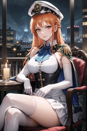 elbow gloves, white skirt, miniskirt, skirt, white_thighhigh_boots,military_uniform,military_hat,white_elbow_gloves,sleeveless ,no_sleeves,shoulder_cape,looking at viewer, city, night, sky, (intricately detailed, hyperdetailed), burning building background,depth of field, best quality, masterpiece, intricate details, tonemapping, sharp focus, hyper detailed, trending on Artstation,1 girl, high res, official art,evil smile,sitting_down,crossed_legs_(sitting),sitting_on_chair, jewelry,orange_hair,brown_eyes,long_hair, nami_(one_piece)