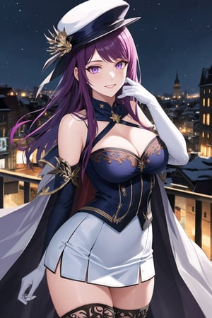 elbow gloves, white skirt, miniskirt, skirt, black thighhigh boots,white_military_uniform,white_military_hat,long white elbow gloves,sleeveless ,no_sleeves,shoulder_cape,looking at viewer, city, night, sky, (intricately detailed, hyperdetailed), frozen building background,depth of field, best quality, masterpiece, intricate details, tonemapping, sharp focus, hyper detailed, trending on Artstation,1 girl, high res, official art,evil smile,purple_eyes,IVY FE,purple-hair