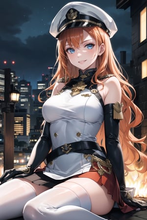 elbow gloves, white skirt, miniskirt, skirt, white_thighhigh_boots,military_uniform,military_hat,long white elbow gloves,sleeveless ,no_sleeves,shoulder_cape,looking at viewer, city, night, sky, (intricately detailed, hyperdetailed), burning building background,depth of field, best quality, masterpiece, intricate details, tonemapping, sharp focus, hyper detailed, trending on Artstation,1 girl, high res, official art,evil smile,sitting_down,crossed_legs_(sitting),sitting_on,light_blue_eyes,warAnne, long hair, wavy hair,orange_hair