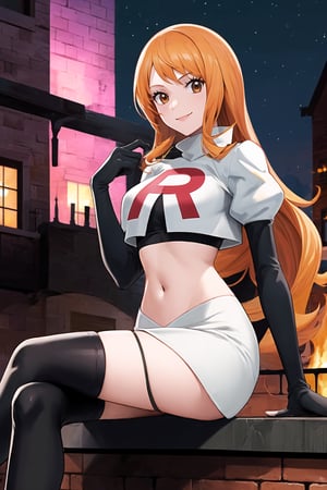 Team Rocket, cropped jacket, white jacket, crop top, jacket, gloves, black gloves, elbow gloves, navel, midriff, white skirt, miniskirt, skirt, black thighhigh boots,military_uniform,looking at viewer, city, night, sky, (intricately detailed, hyperdetailed), burning building background,depth of field, best quality, masterpiece, intricate details, tonemapping, sharp focus, hyper detailed, trending on Artstation,1 girl, high res, official art,evil smile,crossed_legs_(sitting),namipostn,orange_hair,brown_eyes,long_hair,nami \(one piece\)