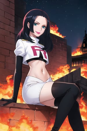 Team Rocket, cropped jacket, white jacket, crop top, jacket, gloves, black gloves, elbow gloves, navel, midriff, white skirt, miniskirt, skirt, black thighhigh boots,military_uniform,looking at viewer, city, night, sky, (intricately detailed, hyperdetailed), burning building background,depth of field, best quality, masterpiece, intricate details, tonemapping, sharp focus, hyper detailed, trending on Artstation,1 girl, high res, official art,evil smile,purple_eyeshadow,pink_lipstick,crossed_legs_(sitting),nicorob, slicked back hair,blue_eyes