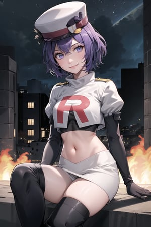 Team Rocket, cropped jacket, white jacket, crop top, jacket, gloves, black gloves, elbow gloves, navel, midriff, white skirt, miniskirt, skirt, black thighhigh boots ,military_uniform,white_military_hat,looking at viewer, city, night, sky, (intricately detailed, hyperdetailed), burning building background,depth of field, best quality, masterpiece, intricate details, tonemapping, sharp focus, hyper detailed, trending on Artstation,1 girl, high res, official art,evil smile,crossed_legs_(sitting),defBernie,purple_hair