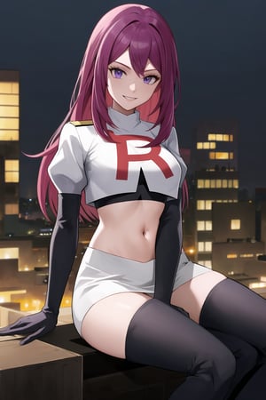 Team Rocket, cropped jacket, white jacket, crop top, jacket, gloves, black gloves, elbow gloves, navel, midriff, white skirt, miniskirt, skirt, black thighhigh boots,military_uniform,looking down at viewer, china, asiática, city, night, sky, (intricately detailed, hyperdetailed), blurry background,depth of field, best quality, masterpiece, intricate details, tonemapping, sharp focus, hyper detailed, trending on Artstation,1 girl, high res, official art,evil smile,crossed_legs_(sitting),IVY FE,purple_eyes,purple_hair