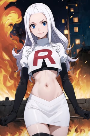 Team Rocket, cropped jacket, white jacket, crop top, jacket, gloves, black gloves, elbow gloves, navel, midriff, white skirt, miniskirt, skirt, black thighhigh boots,military_uniform,looking at viewer, city, night, sky, (intricately detailed, hyperdetailed), burning building background,depth of field, best quality, masterpiece, intricate details, tonemapping, sharp focus, hyper detailed, trending on Artstation,1 girl, high res, official art,evil smile,mirajane strauss, long hair, blue eyes, white hair, forehead