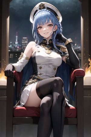 elbow gloves, white skirt, miniskirt, skirt, white_thighhigh_boots,military_uniform,military_hat,white_elbow_gloves,sleeveless ,no_sleeves,shoulder_cape,looking at viewer, city, night, sky, (intricately detailed, hyperdetailed), burning building background,depth of field, best quality, masterpiece, intricate details, tonemapping, sharp focus, hyper detailed, trending on Artstation,1 girl, high res, official art,evil smile,sitting_down,crossed_legs_(sitting),sitting_on_chair, jewelry,marianneuniform, crown braid,blue_hair,brown_eyes