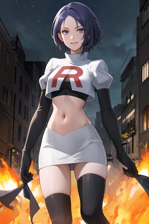 Team Rocket, cropped jacket, white jacket, crop top, jacket, gloves, black gloves, elbow gloves, navel, midriff, white skirt, miniskirt, skirt, black thighhigh boots,military_uniform,looking at viewer, city, night, sky, (intricately detailed, hyperdetailed), burning building background,depth of field, best quality, masterpiece, intricate details, tonemapping, sharp focus, hyper detailed, trending on Artstation,1 girl, high res, official art,evil smile,defShamir, purple_eyes,short_hair