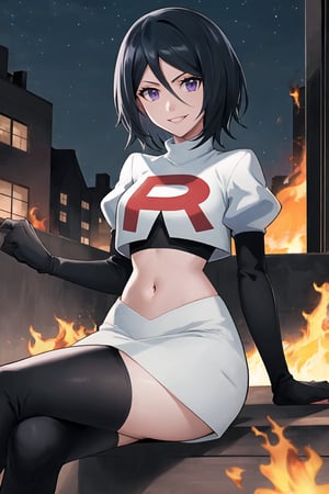 Team Rocket, cropped jacket, white jacket, crop top, jacket, gloves, black gloves, elbow gloves, navel, midriff, white skirt, miniskirt, skirt, black thighhigh boots,military_uniform,looking at viewer, city, night, sky, (intricately detailed, hyperdetailed), burning building background,depth of field, best quality, masterpiece, intricate details, tonemapping, sharp focus, hyper detailed, trending on Artstation,1 girl, high res, official art,evil smile,crossed_legs_(sitting),Rukia, black hair, short hair, hair between eyes, purple eyes