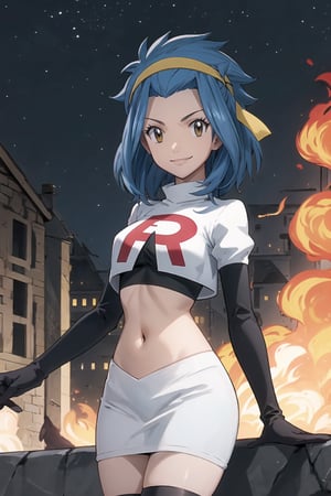 Team Rocket, cropped jacket, white jacket, crop top, jacket, gloves, black gloves, elbow gloves, navel, midriff, white skirt, miniskirt, skirt, black thighhigh boots,military_uniform,looking at viewer, city, night, sky, (intricately detailed, hyperdetailed), burning building background,depth of field, best quality, masterpiece, intricate details, tonemapping, sharp focus, hyper detailed, trending on Artstation,1 girl, high res, official art,evil smile,Levy McGarden,blue_hair,brown_eyes