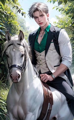 chris evans of god, handsome, energetic, passionate, fit, silver hair, cool aura, hybrid snake body, red rose, aurora, pentacle, diamond necklace, (emerald ring index) mysterious appearance, colorful, soul alchemy, tamer seeker  wild beast, riding a white horse, trindent, 8k ultra hd, glow up, 