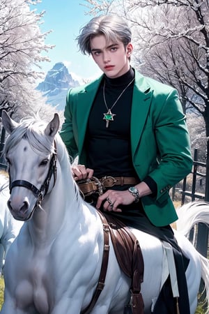 chris evans of god, handsome, energetic, passionate, fit, silver hair, cool aura, hybrid snake body, red rose, aurora, pentacle, diamond necklace, (emerald ring index) mysterious appearance, colorful, soul alchemy, tamer seeker  wild beast, riding a white horse, trindent, 8k ultra hd, glow up, 