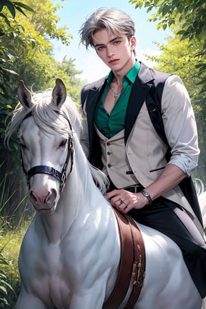 chris evans of god, handsome, energetic, passionate, fit, silver hair, cool aura, hybrid snake body, red rose, aurora, pentacle, diamond necklace, (emerald ring index) mysterious appearance, colorful, soul alchemy, tamer seeker  wild beast, riding a white horse, trindent, 8k ultra hd, glow up, 