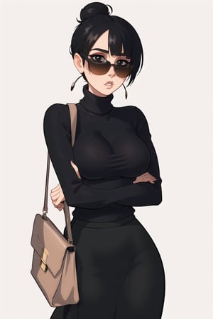 ((Best quality,  masterpiec)),  mature female,  solo,  1female,  black hair,  bun, long bangs,  sunglasses, eexpressionles,  black sweater, very long beige skirt, bag,  medium breasts,  looking at viewer,  milfication, simple_background