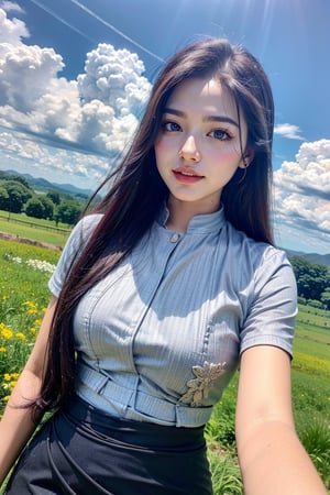 1girl, long hair, White hair, day, blue Sky, clouds,acmm ss outfit,Myanmar