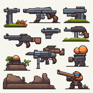 2d platformer game weapon sprites, rifles, 2d side view, cartoon style