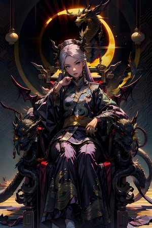 1 girl, long hair, black hair, Qing Dynasty aristocratic female hair accessories are very gorgeous, covered with various gems and gold, sitting on a dragon chair, dragon, dragon tail, scales, behind there is a purple oriental dragon, huge dragon wings , black dragon horns, sharp claws, grasping this purple-light night pearl, red sky, black clouds, gorgeous red background, with gold-rimmed embroidered phoenix Hanfu, long sleeves with black water on the cuffs, the moon, a palace full of flames, buildings, East Asian Architecture Forbidden City, Oriental Dragon, Empress Dowager Cixi, purple eyes, luminous pearls on the palm covered with purple flames, surrounded by a large number of golden jewels, the whole body is filled with purple evil spirit, nodf_lora
(Long straight purple hair, with bangs), (obviously purple eyes)
,清朝