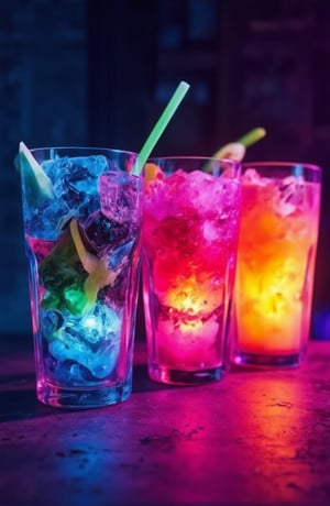 Four glasses of neon gradient colored drinks with ice cubes.