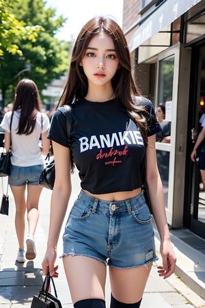 long hair, breasts, looking at viewer, smile, blue eyes, multiple girls, shirt, black hair, thighhighs, holding, medium breasts, standing, white shirt, short sleeves, outdoors, shorts, water, bag, lips, black shirt, short shorts, 4girls, makeup, night, arms behind back, denim, t-shirt, reflection, walking, blue shorts, denim shorts, realistic, red lips, holding bag, shopping bag, plastic bag