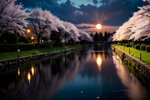 On a night of cherry blossoms in the rain, a bright moon appears, reflected in the clear lake water, looking up