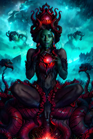 A plump girl lay lazily on a throne made of tentacles. She supported her head on one hand, her eyes half-closed. Fluorescent green eyes sparkled in the darkness, contrasting sharply with her all-black skin and the streaks radiating from her body. Her body is translucent, revealing the glow of a huge red core on her chest. The internal forces are constantly splitting and merging, releasing powerful destructive power. Azathoth.

Surrounded by countless invisible dancers, they play invisible flutes to an unsettling monotony. These chaotic voices are trying to maintain Azathoth's calm.

It all takes place against a turbulent backdrop: volcanic eruptions, thunder and blizzards combine to create a scene that is both chaotic and mysterious.