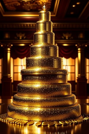 A towering pile of gleaming gold coins and bars, with soft, warm lighting reflecting off their shiny surfaces. The scene is set in a grand, opulent room with luxurious decor and rich textures. The composition captures the height and volume of the pile, with a few coins spilling over the edges, creating a sense of abundance and wealth. The background is slightly blurred, focusing attention on the radiant gold.