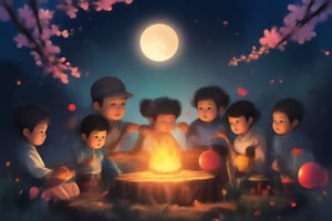 A group of cute children circled around the campfire, with mooncakes and grapefruit beside them. The full moon at night was very bright and beautiful, and the cherry blossoms next to them were raining down flowers.