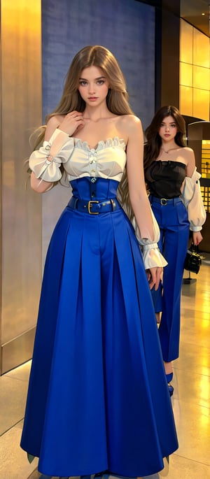 Generate hyper realistic image of two stylish women dressed in fashionable outfits, walking arm in arm in a modern, urban setting. the woman on the left has long, wavy, light blonde hair that falls over her shoulders, fair complexion with large, expressive blue eyes. She is wearing off-the-shoulder, white blouse with puffy sleeves and a high, frilled collar. The blouse has delicate, lace-like details and is tucked into her pants and high-waisted, wide-legged blue trousers with a matching belt that cinches her waist, creating a flattering silhouette. the woman on the left has long, straight, dark brown hair and fair complexion with expressive green eyes. She is wearing Off-the-shoulder, dark blue top with intricate cutouts and a high, frilled collar and High-waisted, wide-legged dark blue trousers with a white belt.