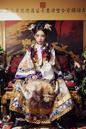 1 girl, long hair, black hair, Qing Dynasty aristocratic female hair accessories are very gorgeous covered with various gemstones and gold, sitting on the dragon chair, dragon wings, horns, red sky, black clouds, gorgeous red background with gold rim on it Embroidered Hanfu with phoenix, long black water sleeves at the cuffs, moon, flames all over the palace, claws, dragon, dragon tail, scales, architecture, East Asian architecture Forbidden City, Eastern dragon, Empress Dowager Cixi, purple eyes, luminous pearls on the palms covered by purple flames Surrounded by a lot of gold jewelry, the whole body is filled with purple evil spirit, nodf_lora
(long straight grown hair with bangs),(clearly grown eyes),looking at viewer,longfade eyebrow, soft make up, ombre lips,
perfect skin,(huge breasts),busty body,, slender legs,frosty,(beauty salon theme:1.5),Hands on hips,
finger detailed,hand detailed,feet detailed,toes detailed,                                          background detailed, ambient lighting, extreme detailed, cinematic shot, realistic illustration, 
(soothing tones:1.3), (hyperdetailed:1.2), masterpiece,  

(RAW photo, best quality), (realistic, photo-Realistic:1.3), best quality, masterpiece, beautiful and aesthetic, 16K, (HDR:1.4), high contrast, (vibrant color:1.4), (muted colors, dim colors, soothing tones:0), 
cinematic lighting, ambient lighting, sidelighting, Exquisite details and textures, cinematic shot, Warm tone, full body(Bright and intense:1.2), (masterpiece, top quality, best quality, official art, beautiful and aesthetic:1.2), 
hdr, high contrast, wideshot(highly detailed skin: 1.2),
sun exposure,outdoor,tranquility,                                                               氣氛
Normal feets,feets with socks,
Legs crossed normally,hands crossed normally,Normal feets,normal nipples,Normal body,normal limbs,Normal ass,normal toes
No missing limbs,no Excessive text and watermark,清朝,宮廷