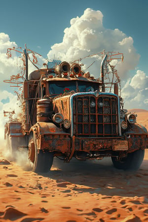 Masterpiece, professional, award-winning, intricate details, ultra high detailed, Create a shirt design with a Rusty Peterbilt truck full of chains and metal spikes in the style of Mad Max, vehicle focus, driving in desert,ek_art_b00ster,anime,illustrated,FluxBoost,myvectorillustrations