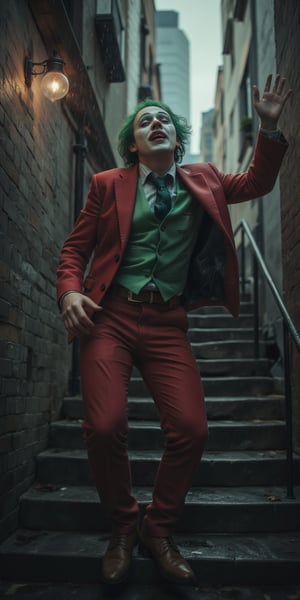 Score_9, rating_explicit, clown (2019 version) dancing downstairs in the stairwell
solo, green hair, shirt, long sleeves, 1boy, standing, jacket, full body, male focus, outdoors, open clothes, tie, shoes, collared shirt, pants, vest, raised arms, english text, cosplay, mask , imitation, brown shoes, formal, suit, red jacket, clasped hands, stairs, green shirt, green vest, red pants, green tie, photo background, clown, urban clown portrait with rainy Gotham city in the background, The picture should have an atmosphere that changes from sadness to joy, and a subtitle should appear next to the picture: "I once thought my life was a tragedy, but now I find that it is actually a comedy."